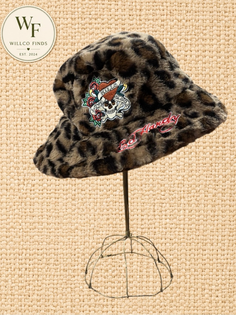 Ed Hardy Leopard Faux Fur Bucket Hat Skull Roses Y2K One Size
